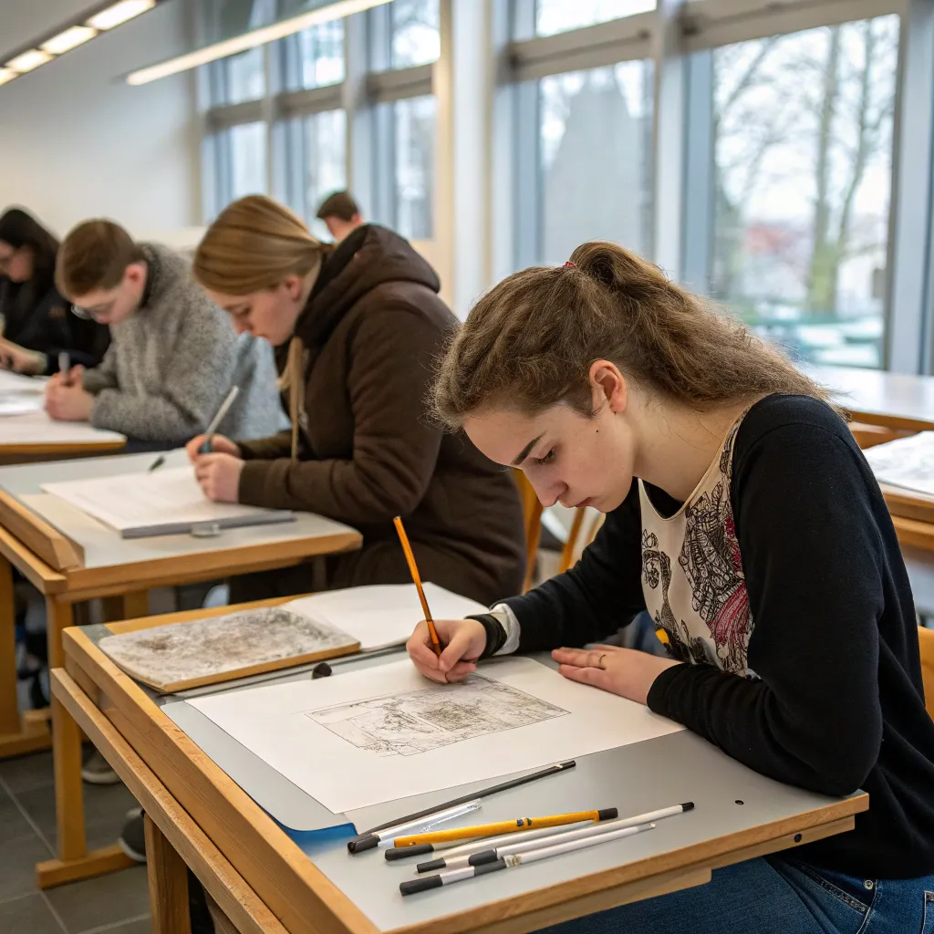 Students participating in a professional drawing course session with focus and attentiveness