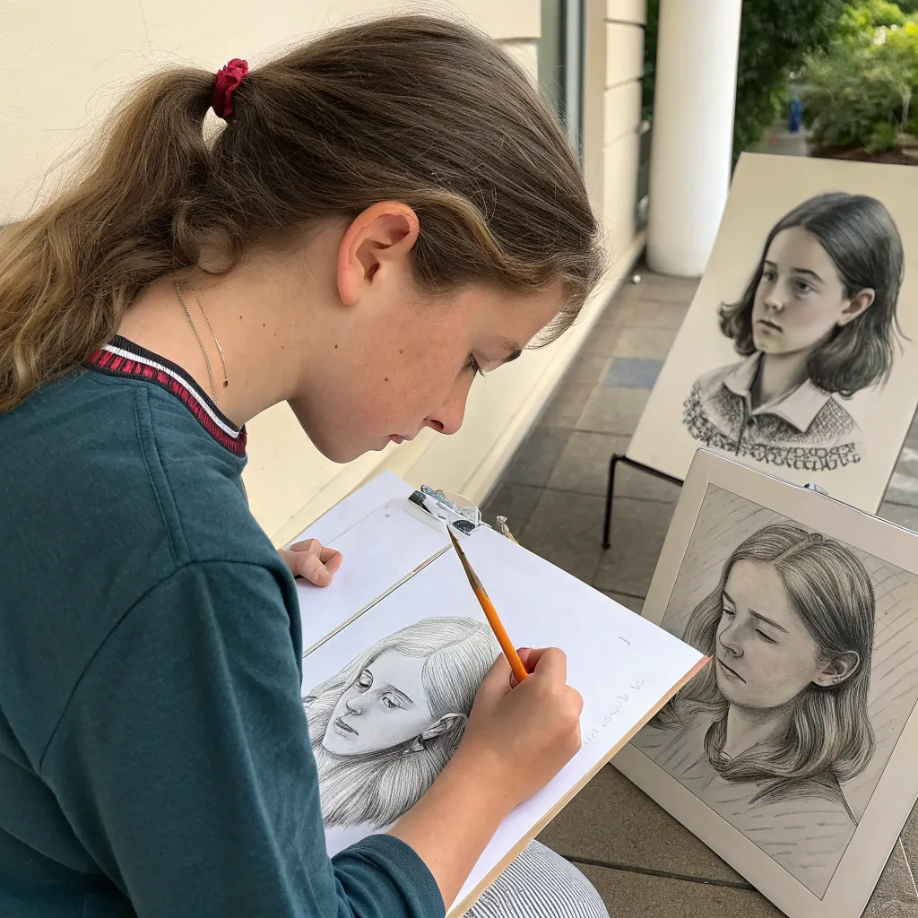 A series of Emily's drawings showing her progress from beginner to advanced skills.