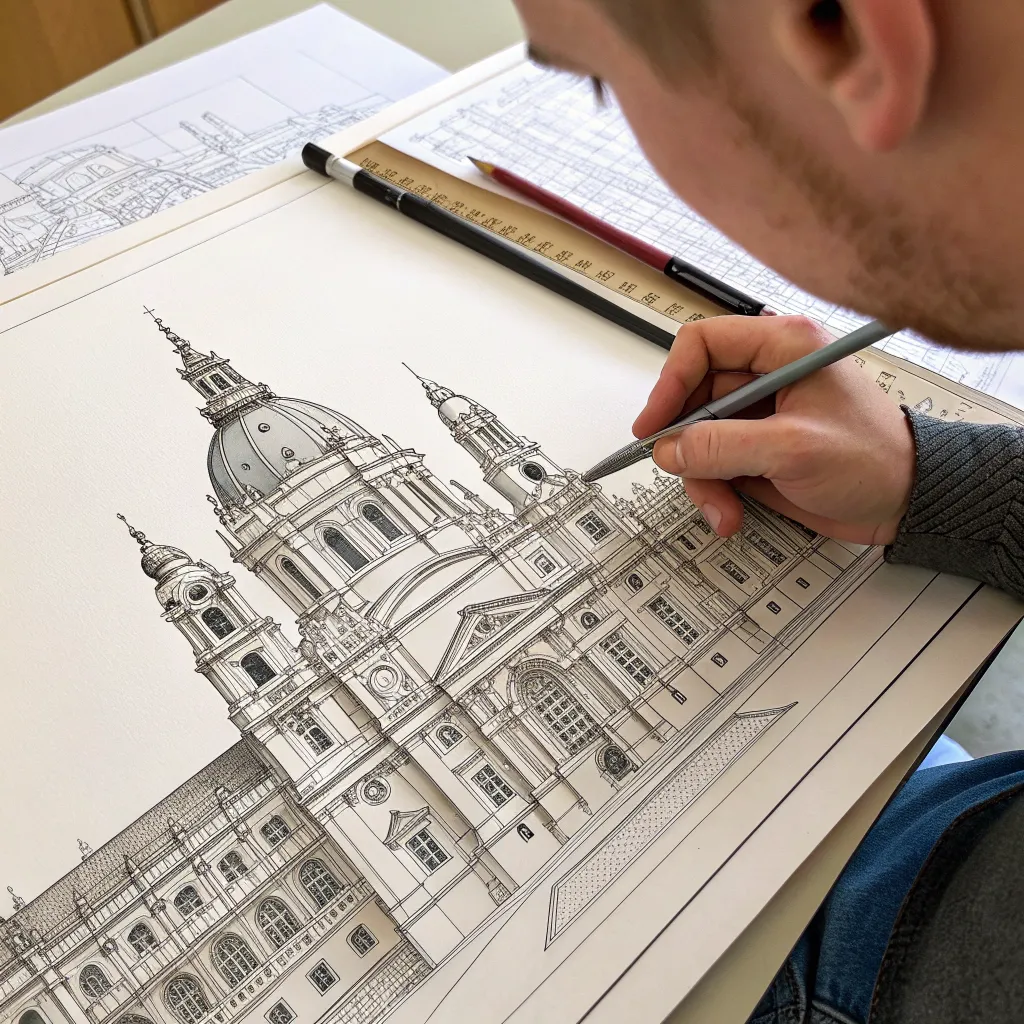 An architectural sketch by Rachel showcasing intricate details and precision.